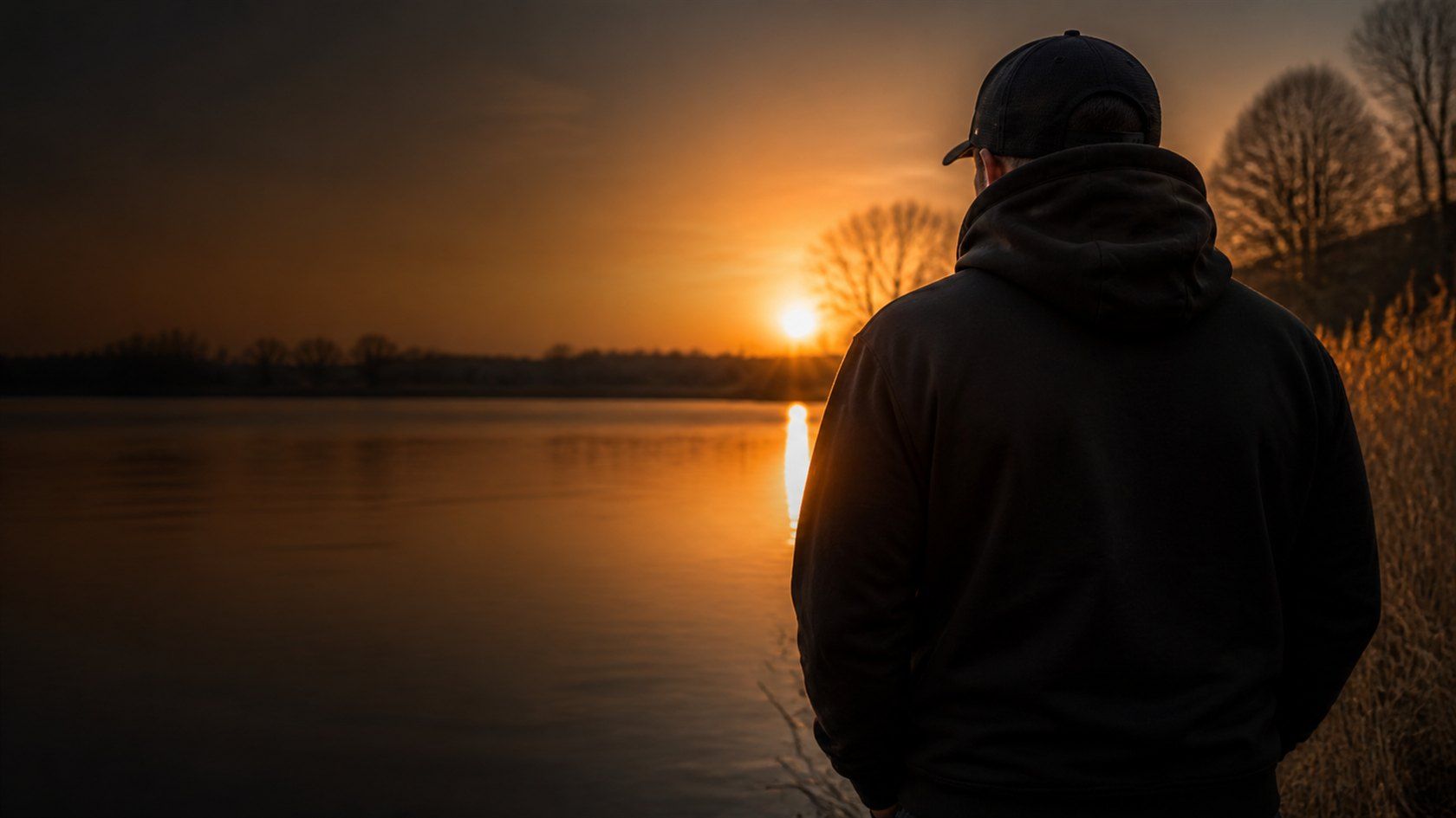 Wędkarz nad wodą o zachodzie słońca
